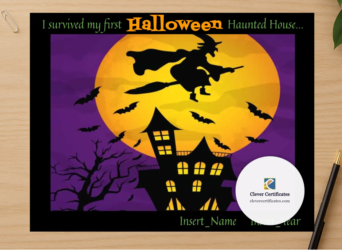 Professional preview of First Haunted House Certificate certificate on high-quality stationery paper, ideal for showcasing the final look.