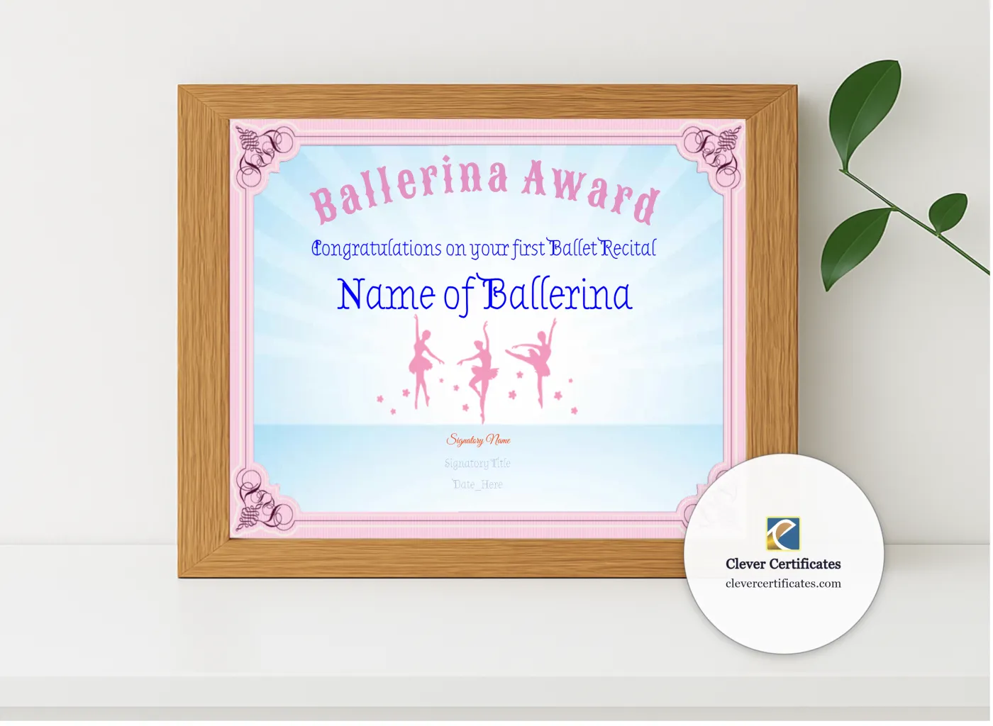 Realistic mockup featuring Ballerina Award displayed within a modern frame, set against a minimalistic background.