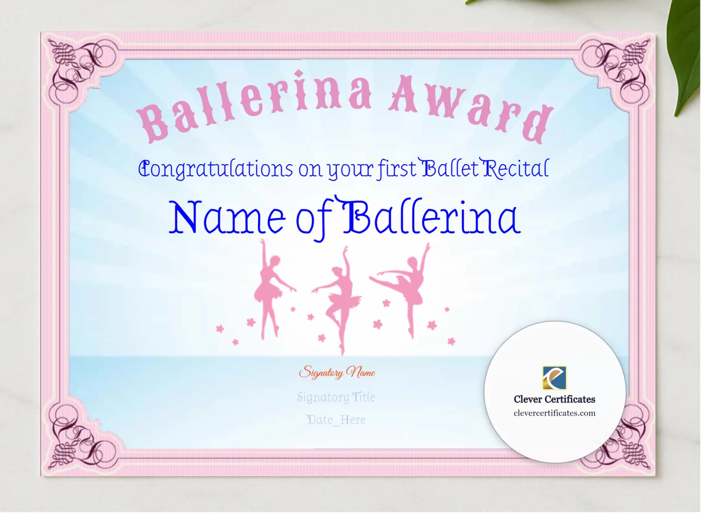 Ballerina Award presented in a sleek wooden frame, elegantly arranged on a stylish table.