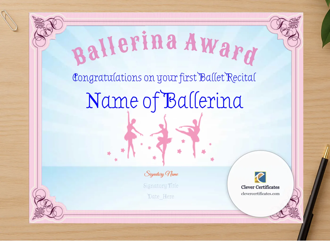Professional preview of Ballerina Award certificate on high-quality stationery paper, ideal for showcasing the final look.