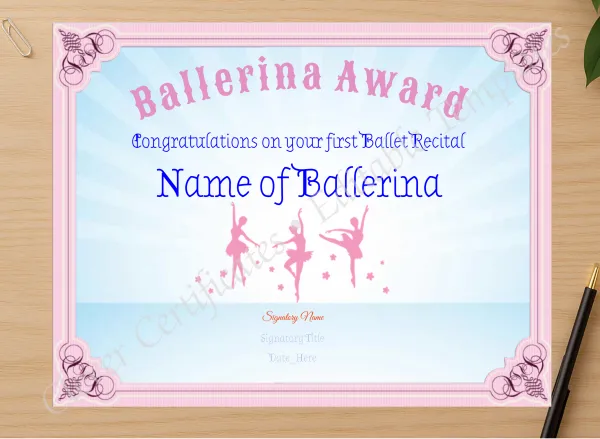 Professional preview of Ballerina Award certificate on high-quality stationery paper, ideal for showcasing the final look.