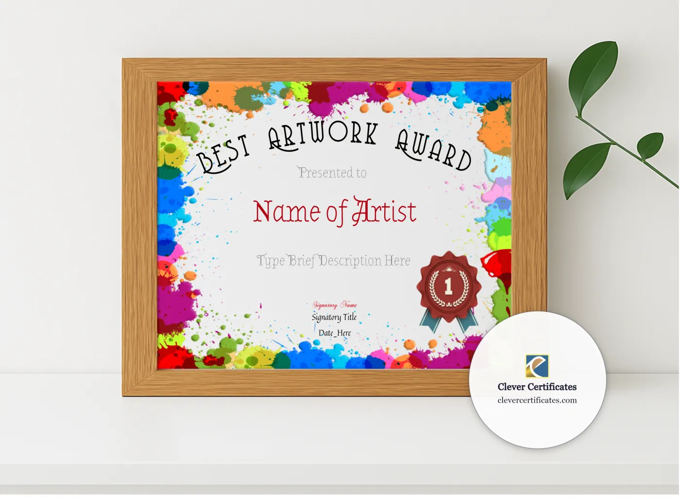 Realistic mockup featuring Best Artwork Award displayed within a modern frame, set against a minimalistic background.