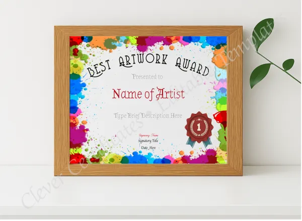 Realistic mockup featuring Best Artwork Award displayed within a modern frame, set against a minimalistic background.