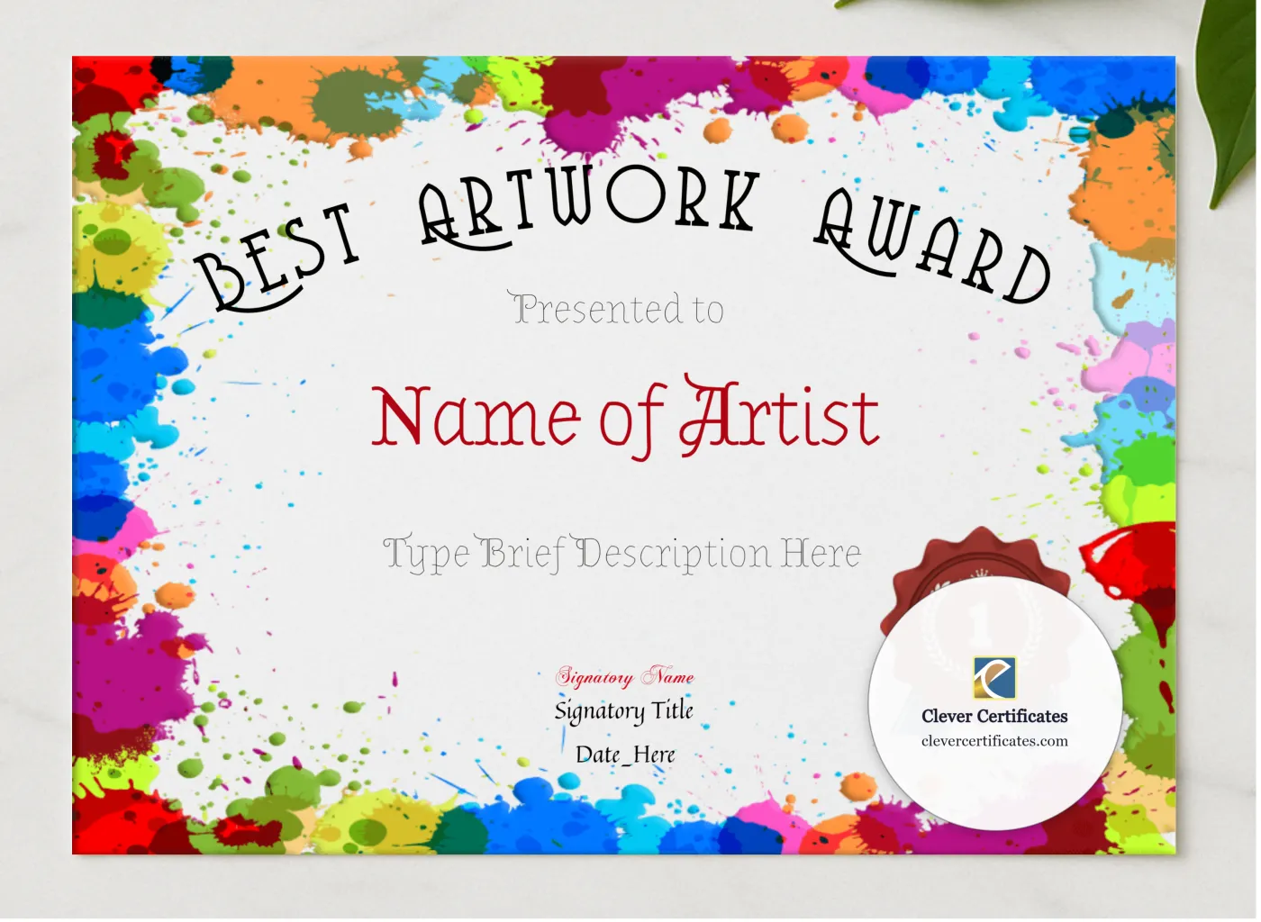 Best Artwork Award presented in a sleek wooden frame, elegantly arranged on a stylish table.