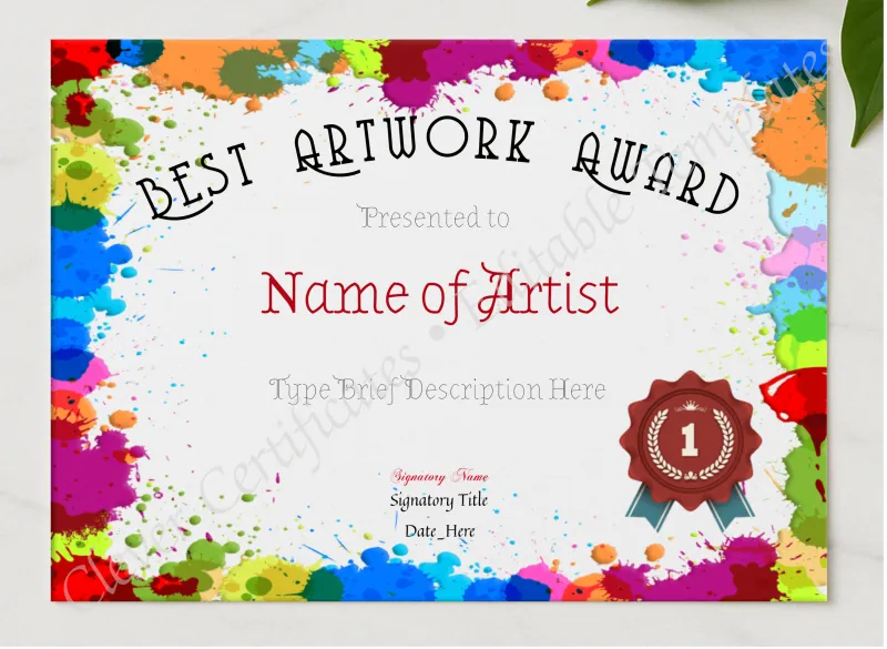 Best Artwork Award presented in a sleek wooden frame, elegantly arranged on a stylish table.