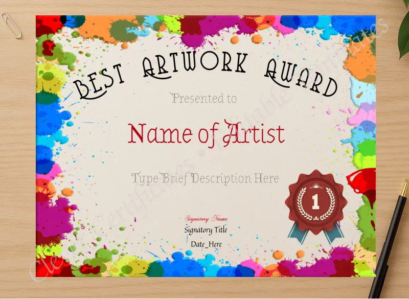 Professional preview of Best Artwork Award certificate on high-quality stationery paper, ideal for showcasing the final look.