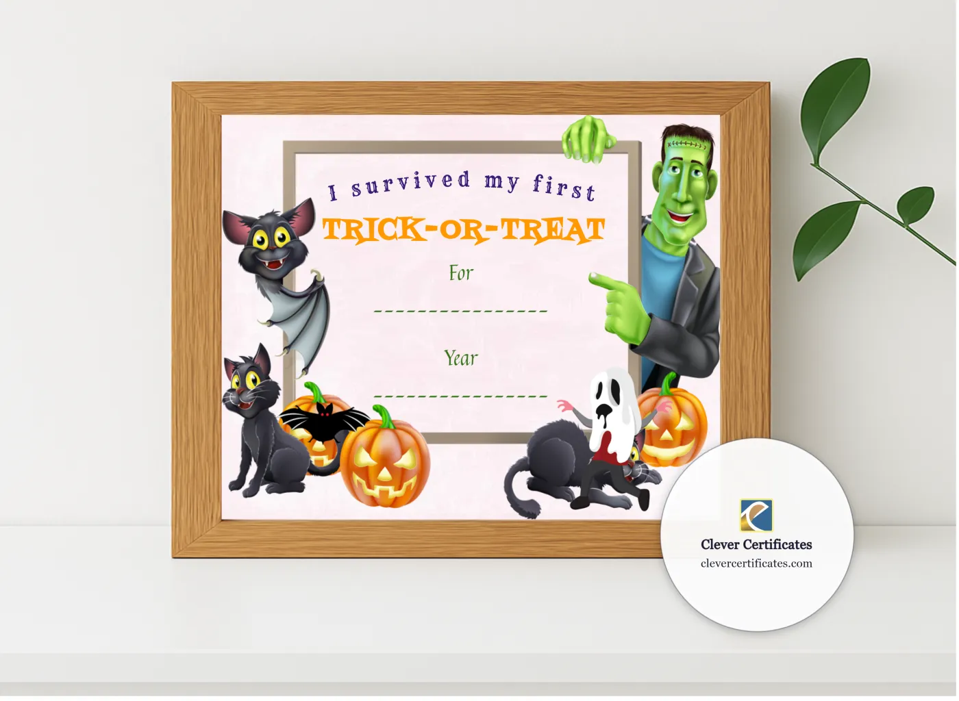Realistic mockup featuring Trick Or Treat Survival Certificate displayed within a modern frame, set against a minimalistic background.