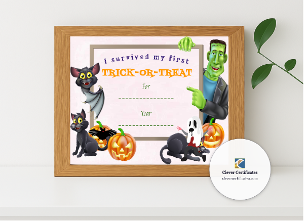 Realistic mockup featuring Trick Or Treat Survival Certificate displayed within a modern frame, set against a minimalistic background.