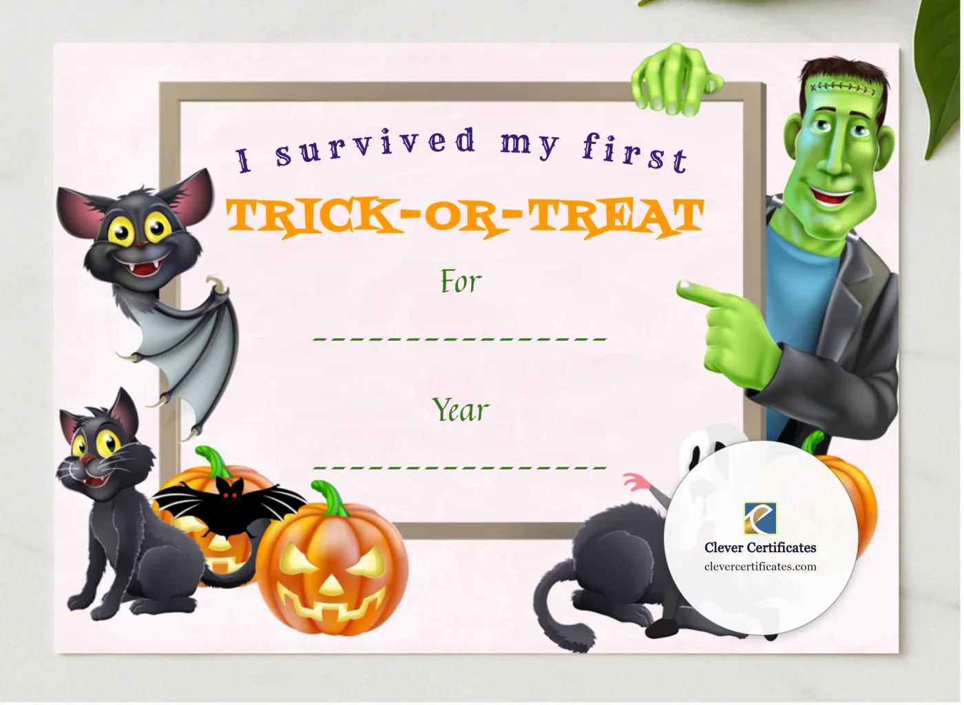 Trick Or Treat Survival Certificate presented in a sleek wooden frame, elegantly arranged on a stylish table.