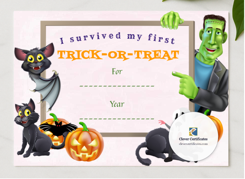 Trick Or Treat Survival Certificate presented in a sleek wooden frame, elegantly arranged on a stylish table.