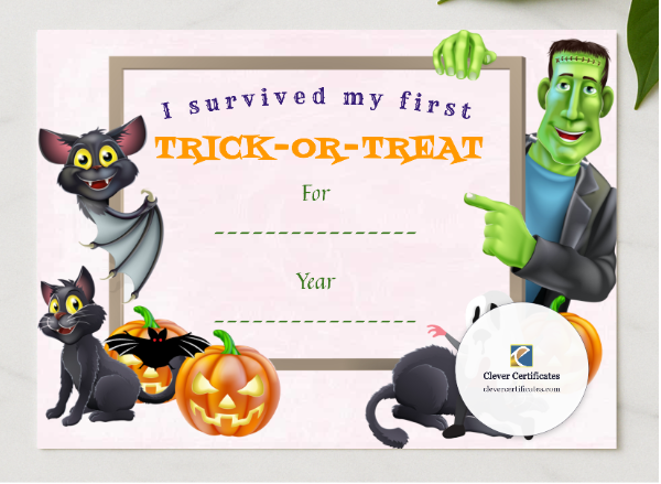 Trick Or Treat Survival Certificate presented in a sleek wooden frame, elegantly arranged on a stylish table.