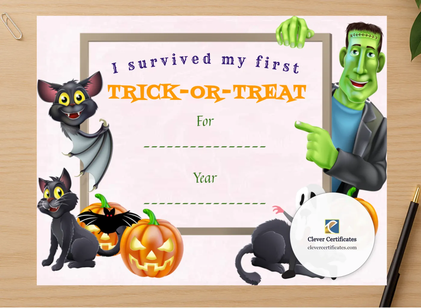 Professional preview of Trick Or Treat Survival Certificate certificate on high-quality stationery paper, ideal for showcasing the final look.