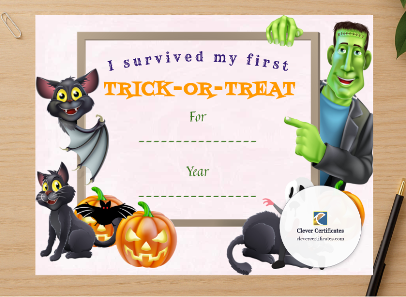 Professional preview of Trick Or Treat Survival Certificate certificate on high-quality stationery paper, ideal for showcasing the final look.