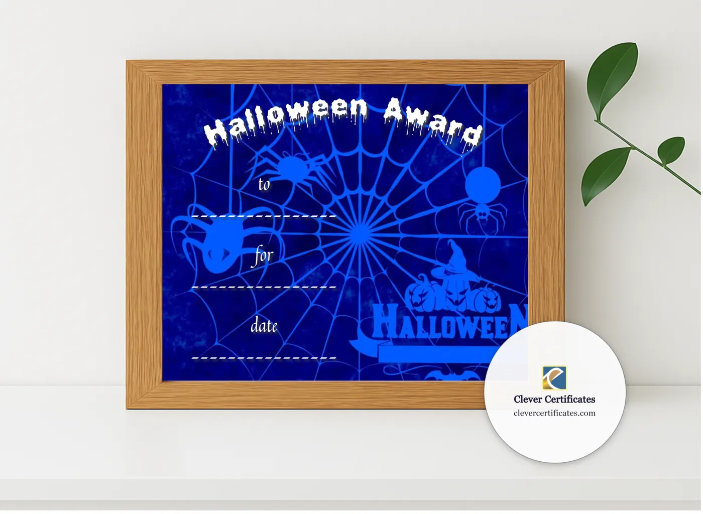 Realistic mockup featuring Halloween Award 2 Certificate displayed within a modern frame, set against a minimalistic background.