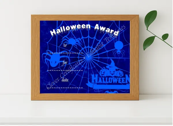 Realistic mockup featuring Halloween Award 2 Certificate displayed within a modern frame, set against a minimalistic background.