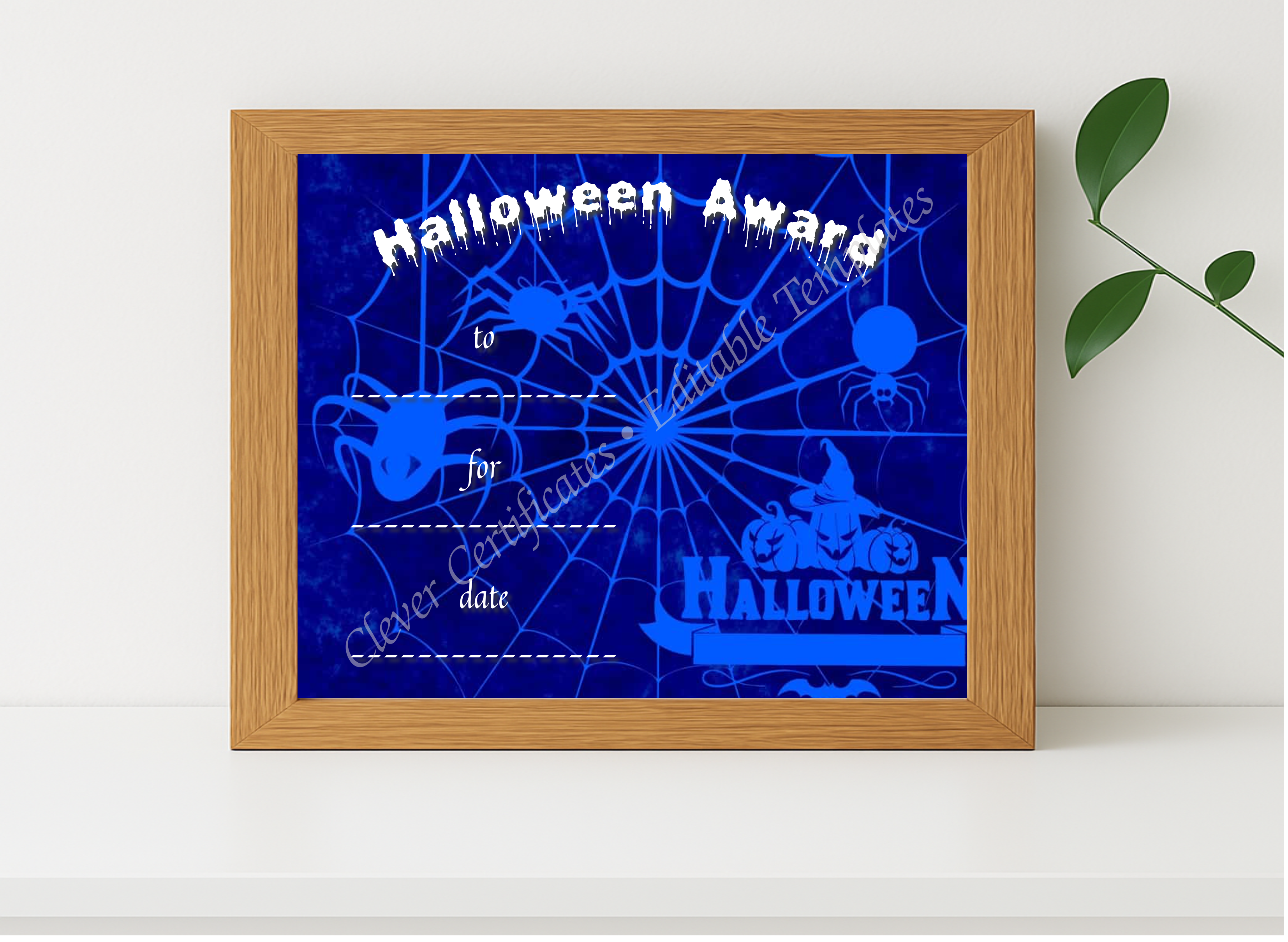 Realistic mockup featuring Halloween Award 2 Certificate displayed within a modern frame, set against a minimalistic background.
