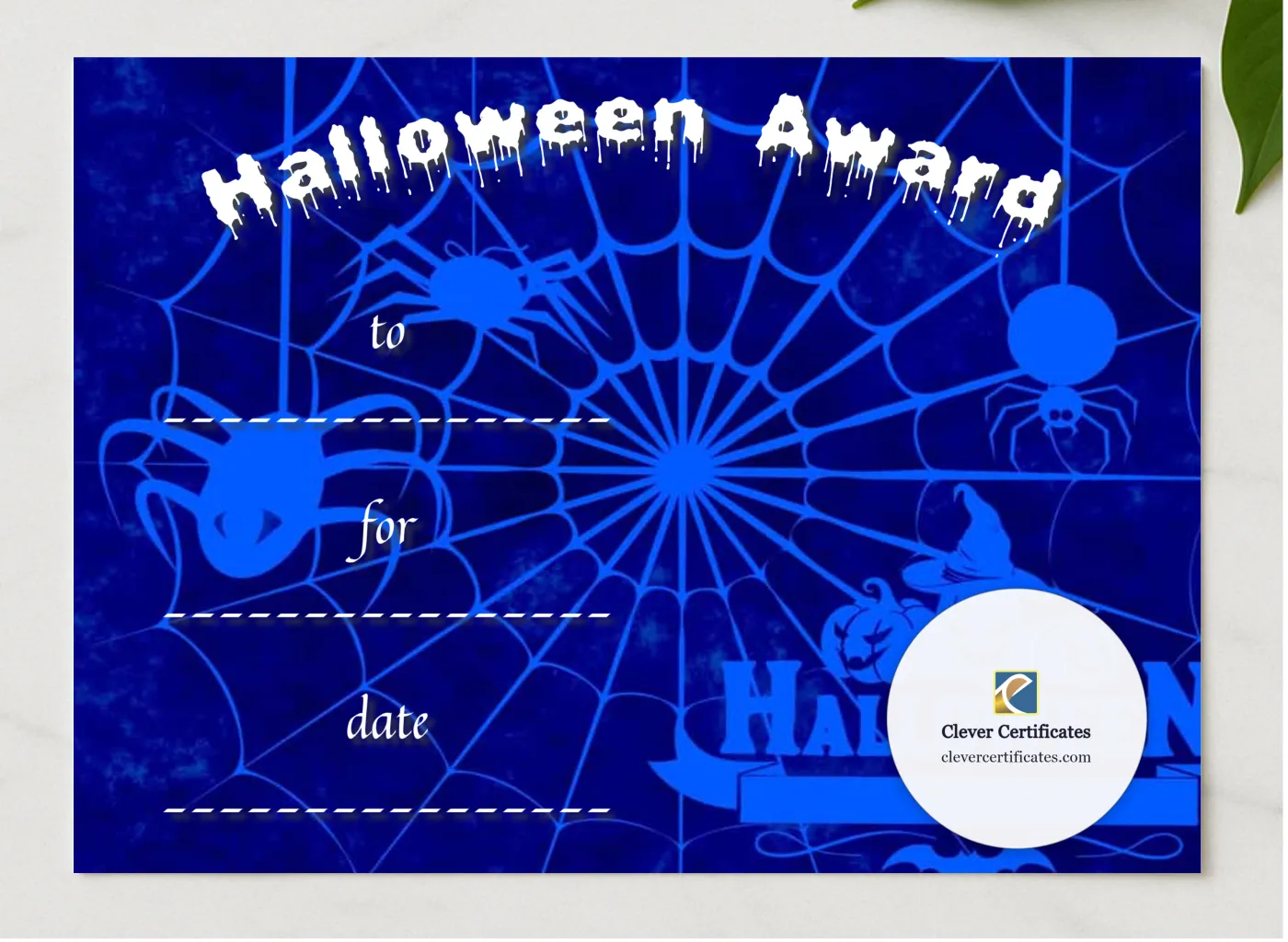 Halloween Award 2 Certificate presented in a sleek wooden frame, elegantly arranged on a stylish table.