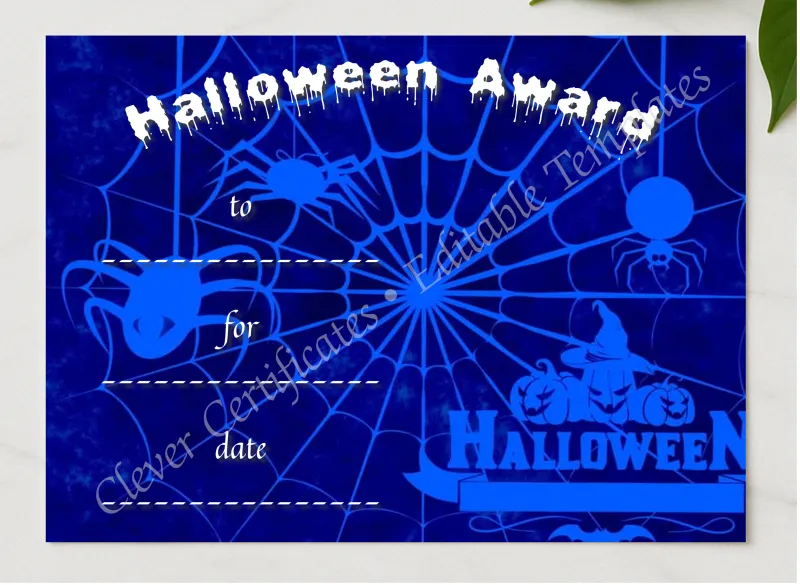 Halloween Award 2 Certificate presented in a sleek wooden frame, elegantly arranged on a stylish table.