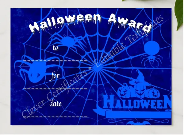 Halloween Award 2 Certificate presented in a sleek wooden frame, elegantly arranged on a stylish table.