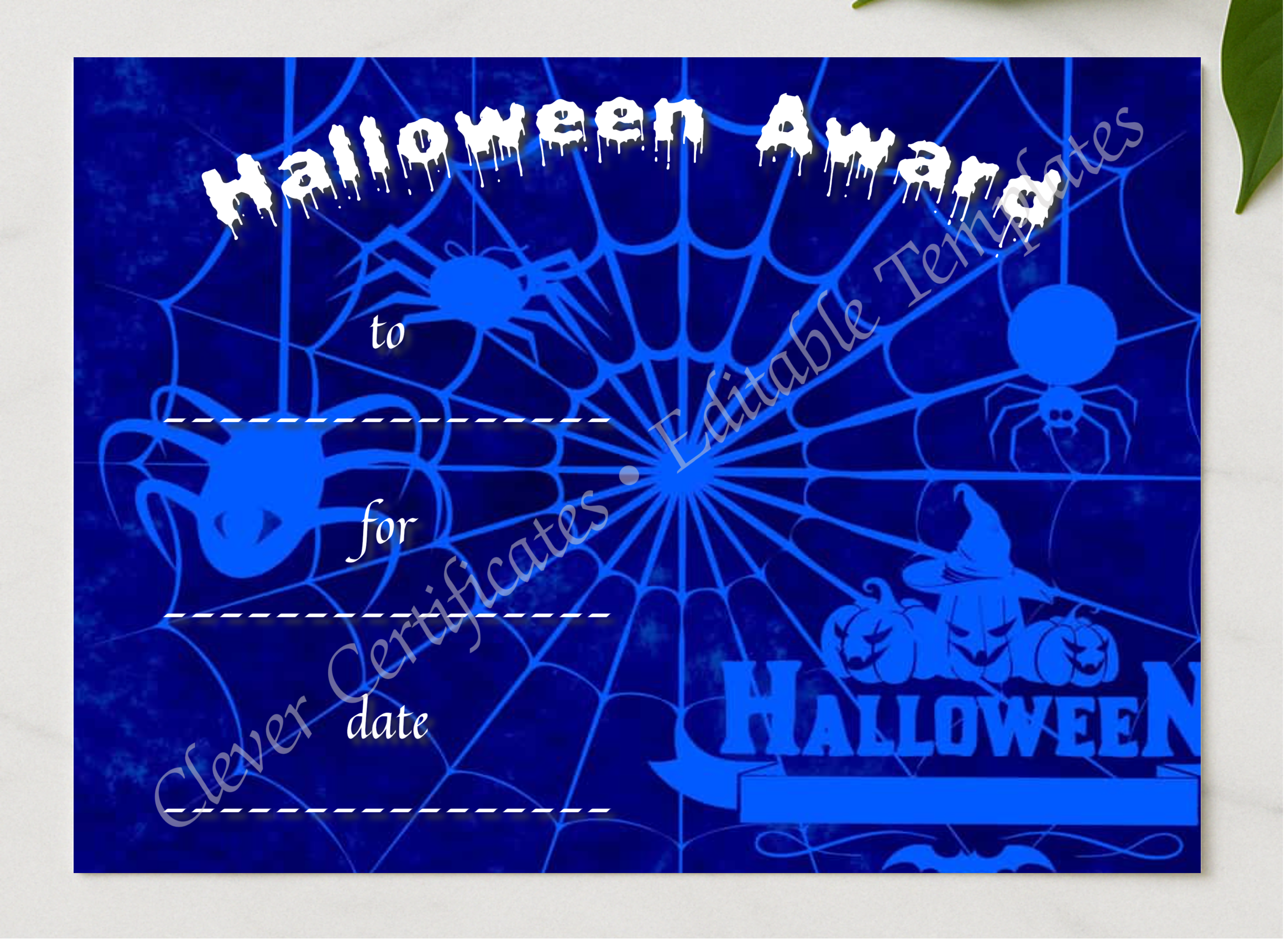 Halloween Award 2 Certificate presented in a sleek wooden frame, elegantly arranged on a stylish table.