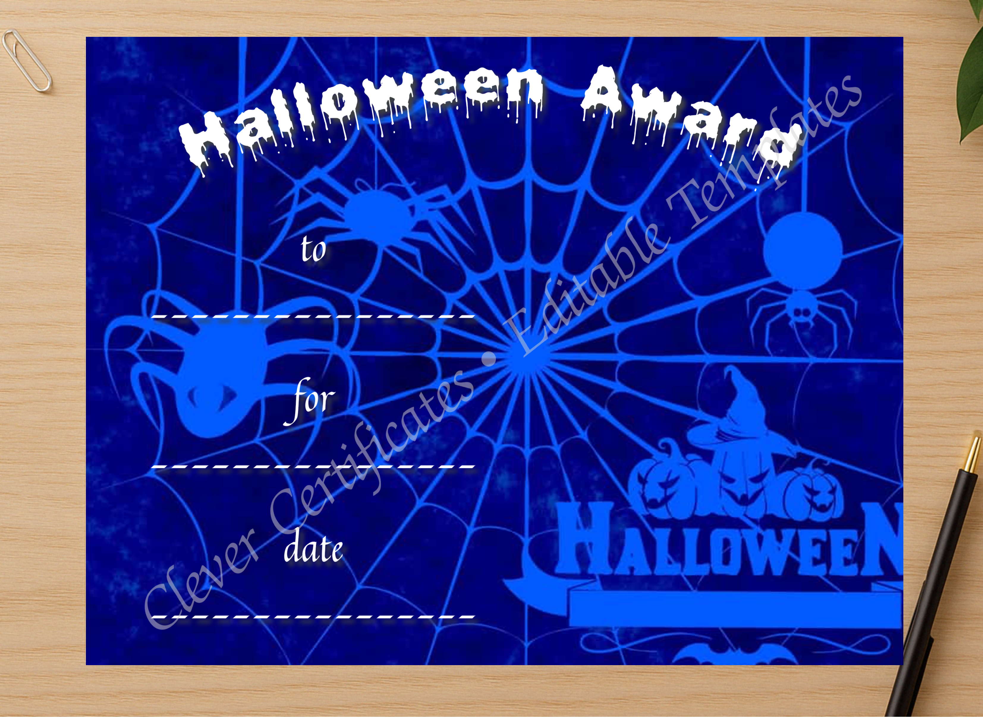 Professional preview of Halloween Award 2 Certificate certificate on high-quality stationery paper, ideal for showcasing the final look.