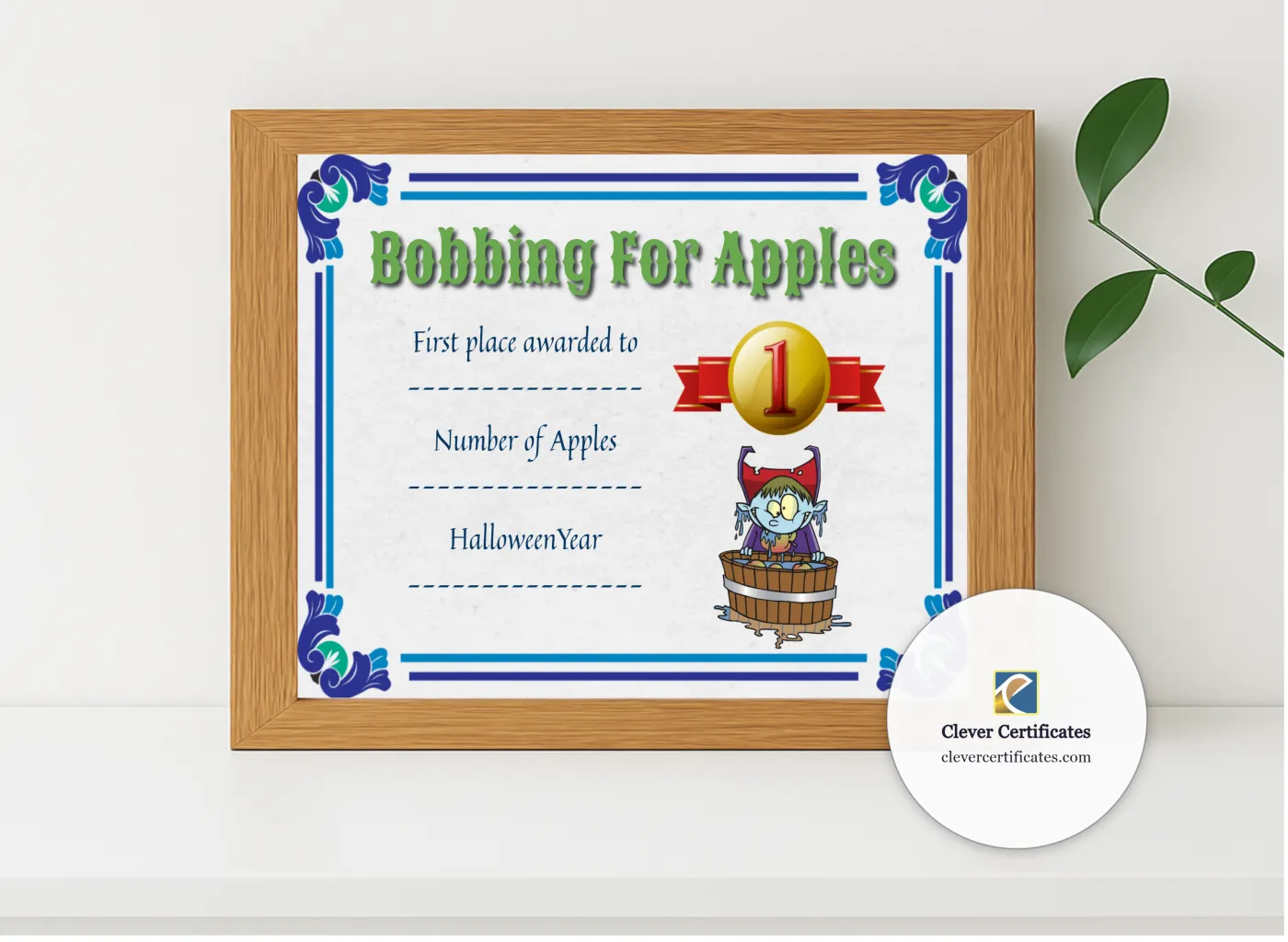 Realistic mockup featuring Apple Bobbing Certificate 1 displayed within a modern frame, set against a minimalistic background.