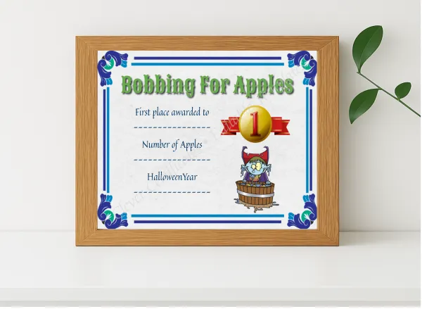Realistic mockup featuring Apple Bobbing Certificate 1 displayed within a modern frame, set against a minimalistic background.