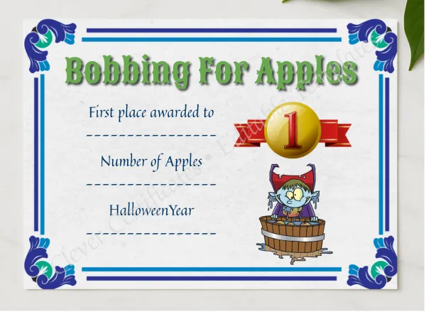 Apple Bobbing Certificate 1 presented in a sleek wooden frame, elegantly arranged on a stylish table.