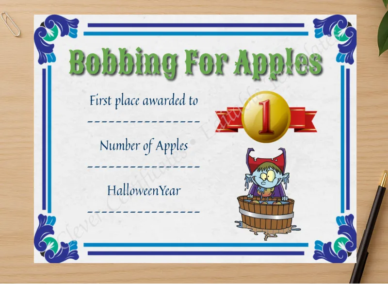 Professional preview of Apple Bobbing Certificate 1 certificate on high-quality stationery paper, ideal for showcasing the final look.