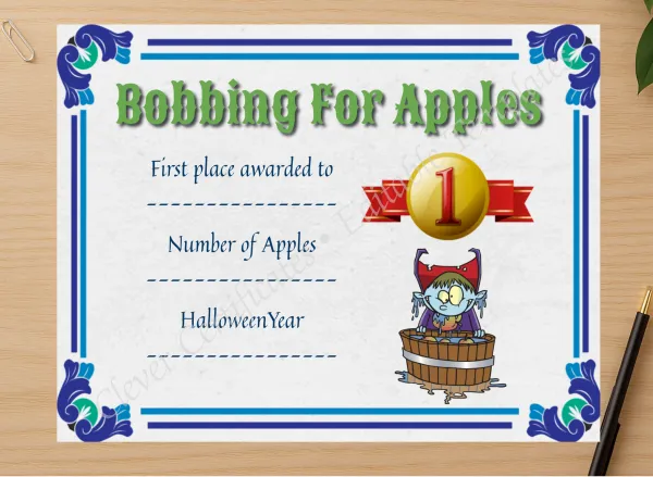 Professional preview of Apple Bobbing Certificate 1 certificate on high-quality stationery paper, ideal for showcasing the final look.