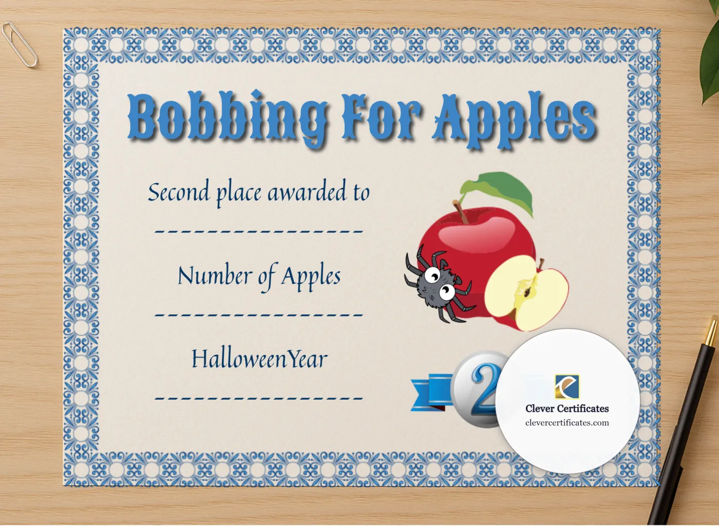 Professional preview of Apple Bobbing Certificate 2 certificate on high-quality stationery paper, ideal for showcasing the final look.