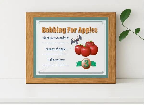 Realistic mockup featuring Apple Bobbing Certificate 3 displayed within a modern frame, set against a minimalistic background.