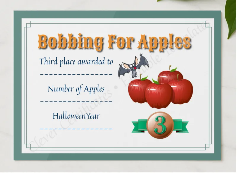 Apple Bobbing Certificate 3 presented in a sleek wooden frame, elegantly arranged on a stylish table.