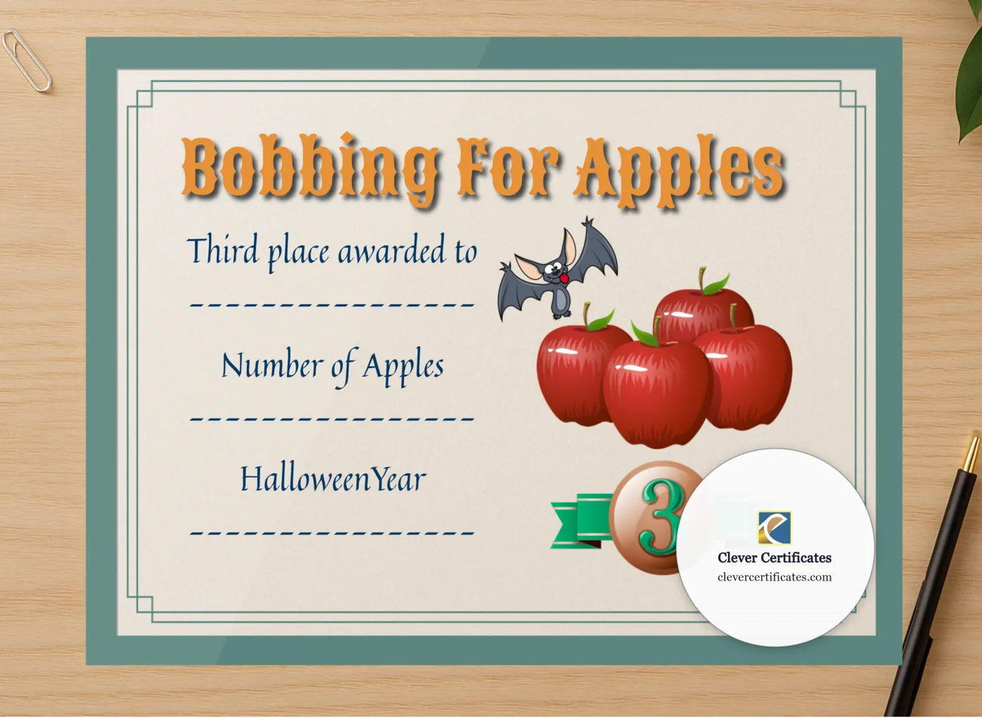 Professional preview of Apple Bobbing Certificate 3 certificate on high-quality stationery paper, ideal for showcasing the final look.