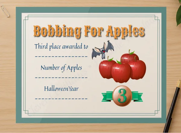 Professional preview of Apple Bobbing Certificate 3 certificate on high-quality stationery paper, ideal for showcasing the final look.