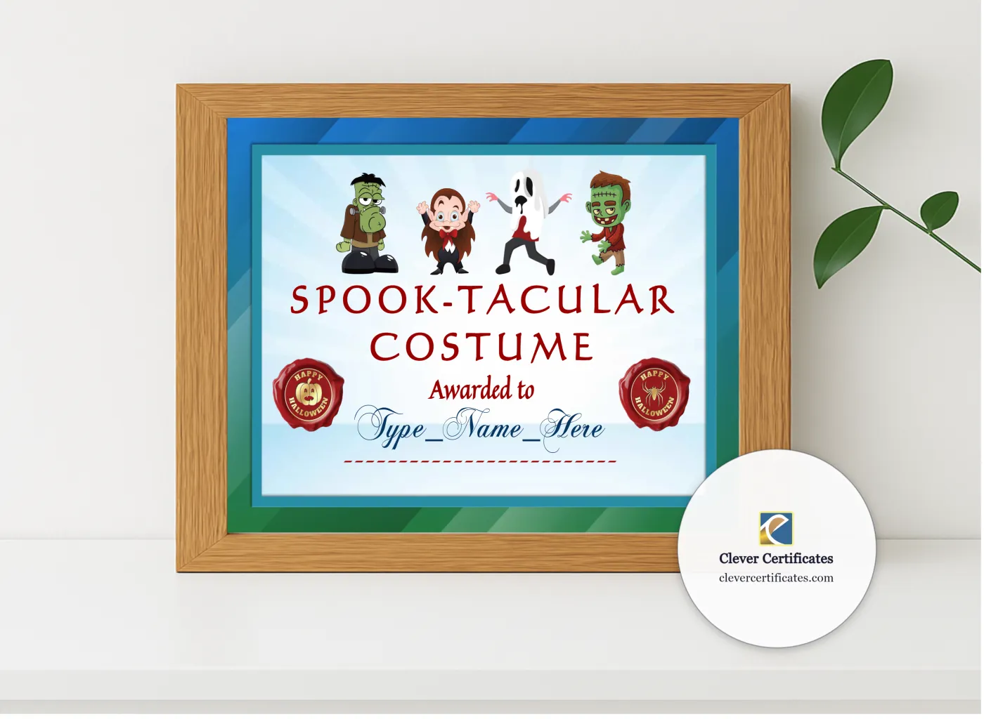 Realistic mockup featuring Spooktacular Costume Award displayed within a modern frame, set against a minimalistic background.