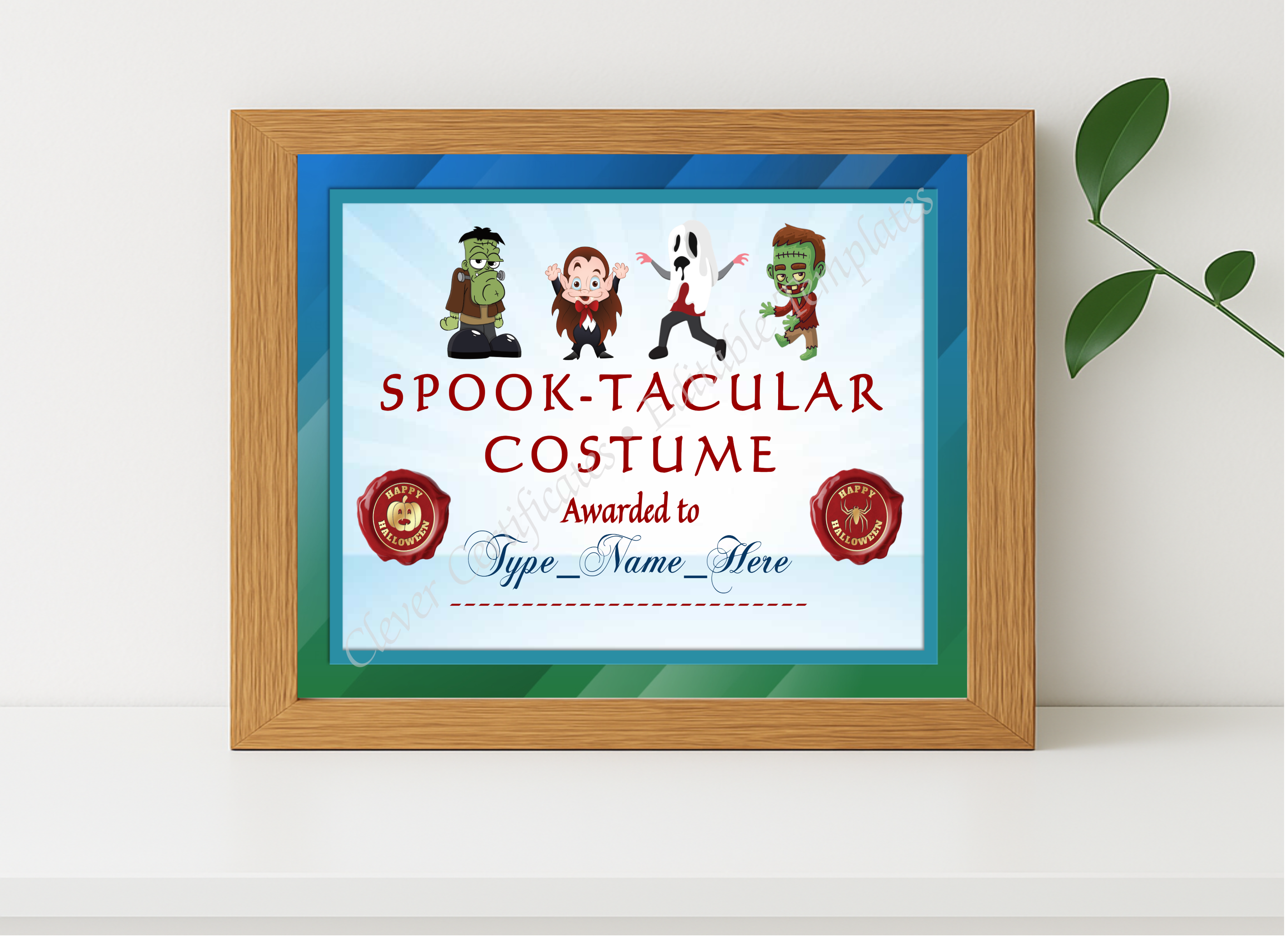 Realistic mockup featuring Spooktacular Costume Award displayed within a modern frame, set against a minimalistic background.