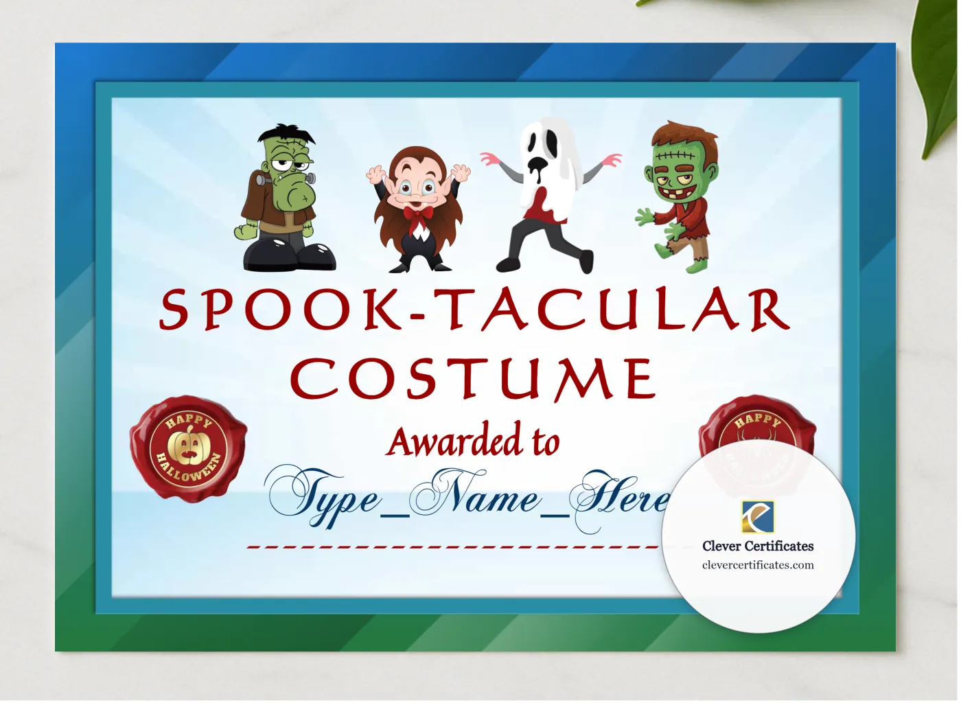 Spooktacular Costume Award presented in a sleek wooden frame, elegantly arranged on a stylish table.