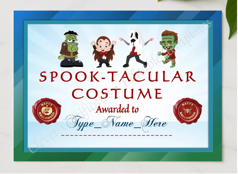 Spooktacular Costume Award presented in a sleek wooden frame, elegantly arranged on a stylish table.