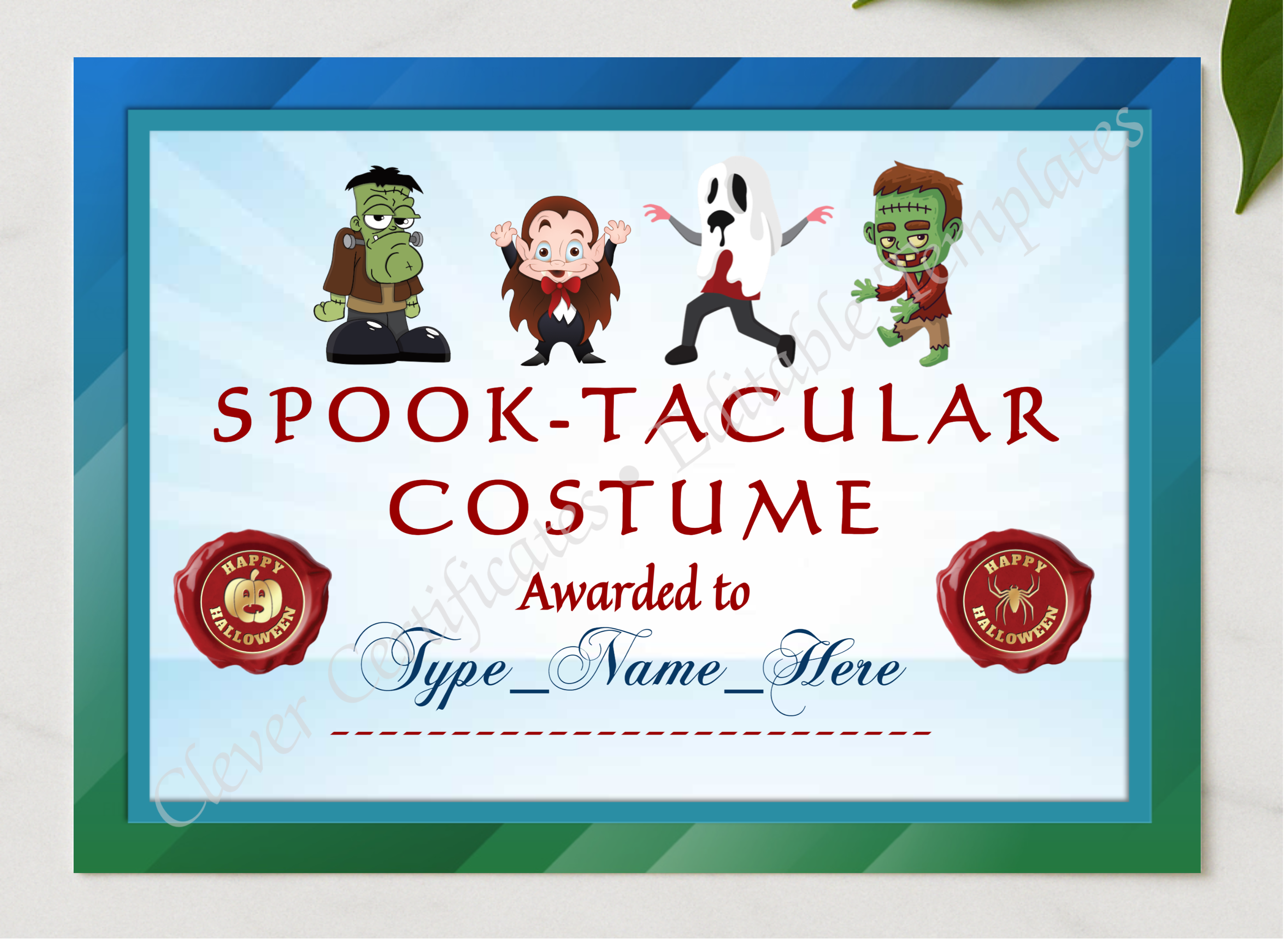 Spooktacular Costume Award presented in a sleek wooden frame, elegantly arranged on a stylish table.