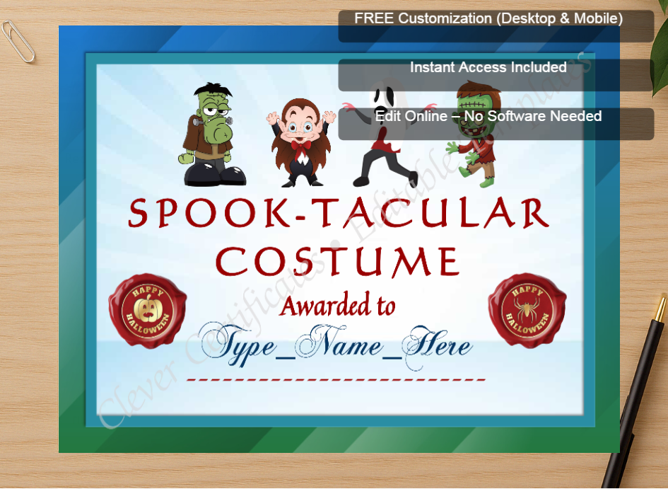 Zoomed preview with Free Editor badge stack for Spooktacular Costume Award
