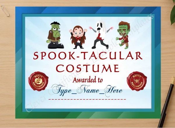 Professional preview of Spooktacular Costume Award certificate on high-quality stationery paper, ideal for showcasing the final look.