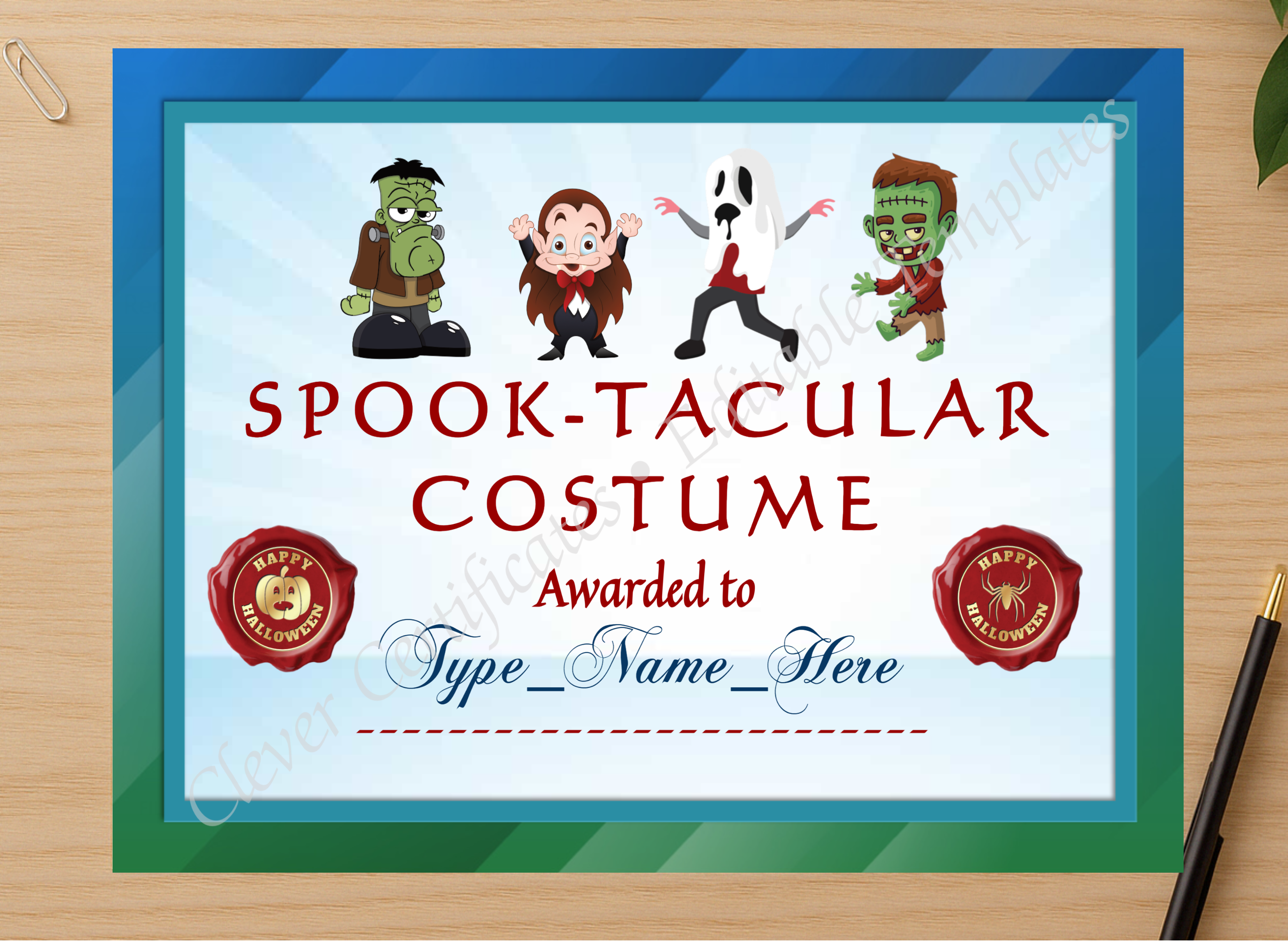Professional preview of Spooktacular Costume Award certificate on high-quality stationery paper, ideal for showcasing the final look.
