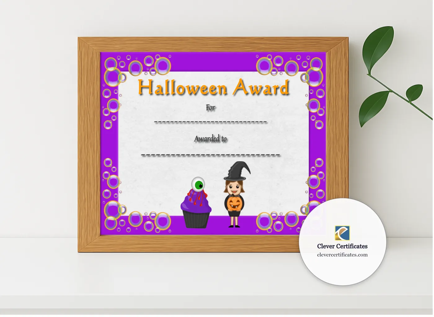 Realistic mockup featuring Halloween Award 3 Certificate displayed within a modern frame, set against a minimalistic background.