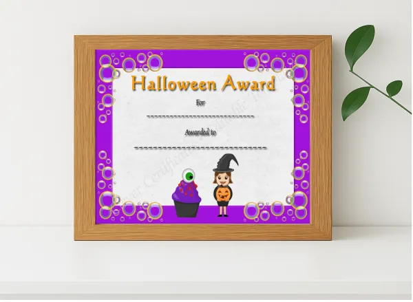 Realistic mockup featuring Halloween Award 3 Certificate displayed within a modern frame, set against a minimalistic background.