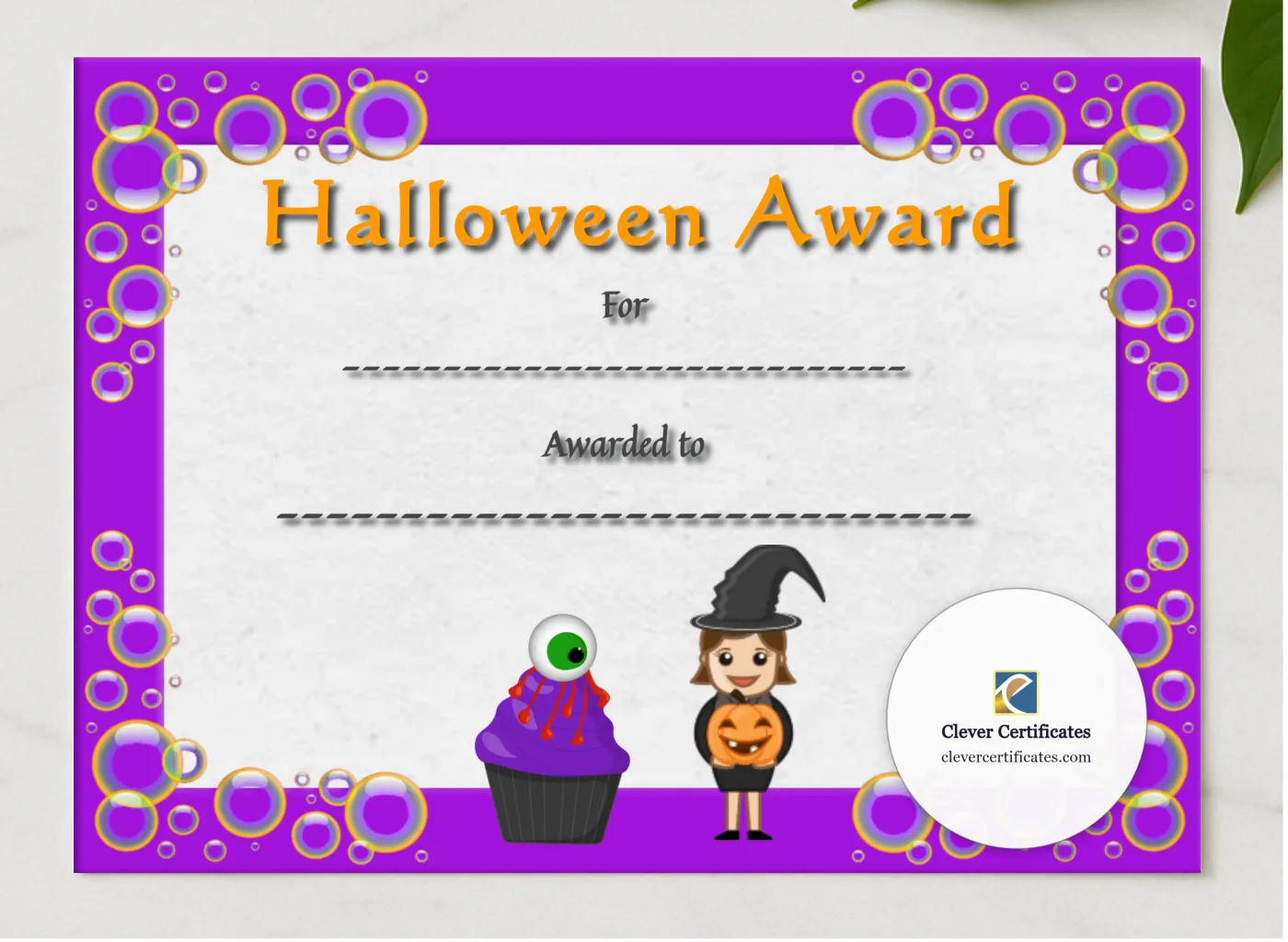 Halloween Award 3 Certificate presented in a sleek wooden frame, elegantly arranged on a stylish table.