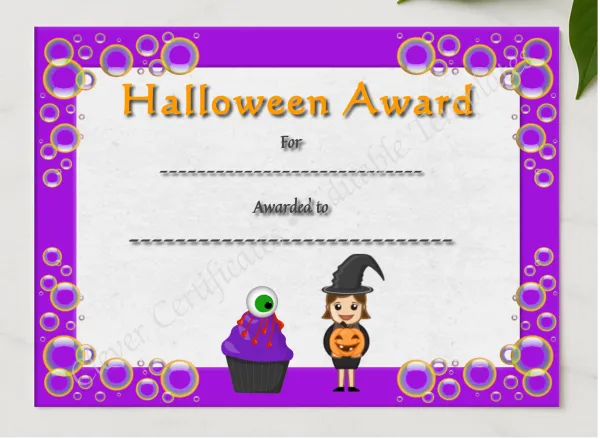 Halloween Award 3 Certificate presented in a sleek wooden frame, elegantly arranged on a stylish table.