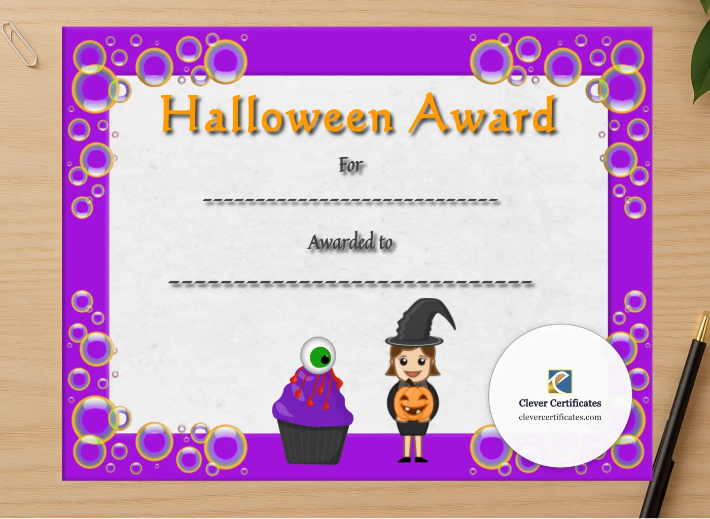 Professional preview of Halloween Award 3 Certificate certificate on high-quality stationery paper, ideal for showcasing the final look.