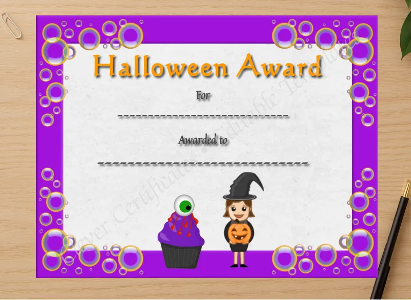 Professional preview of Halloween Award 3 Certificate certificate on high-quality stationery paper, ideal for showcasing the final look.