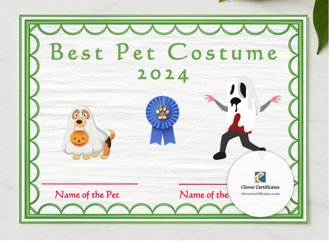 Halloween Pet Costume 2 Award presented in a sleek wooden frame, elegantly arranged on a stylish table.
